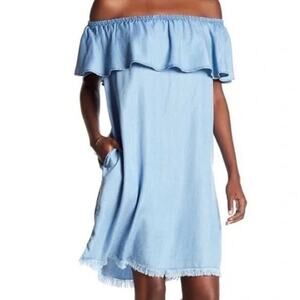 BeachLunchLounge Tova Off the Shoulder Chambray Frayed Hem Dress Size Small